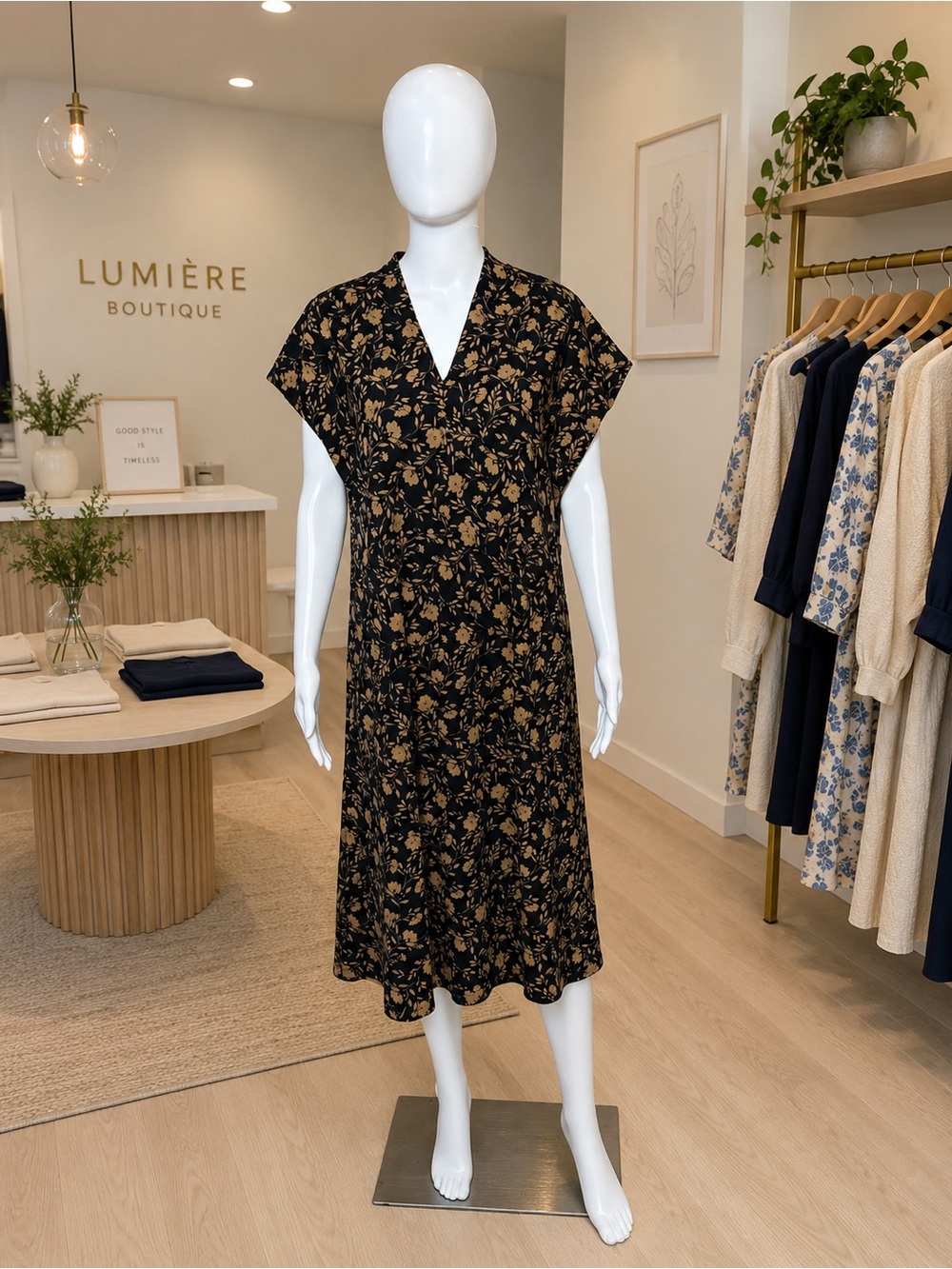 J. Jill Black & Tan Floral V-Neck Flutter Sleeve Midi Dress